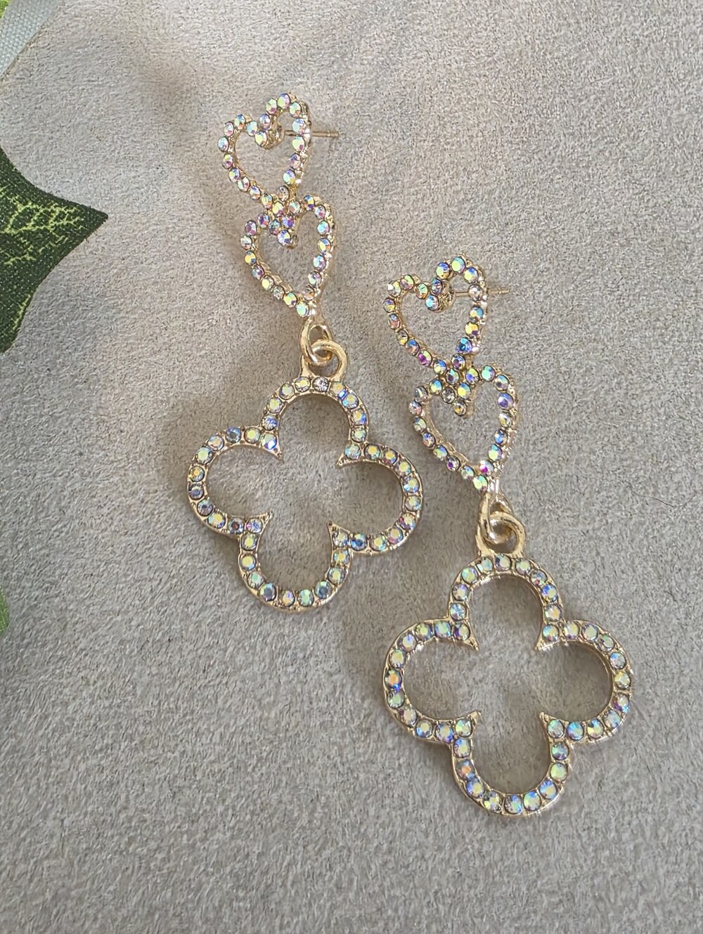 Gold Aurora Borealis Rhinestone Heart & Clover Drop Earrings